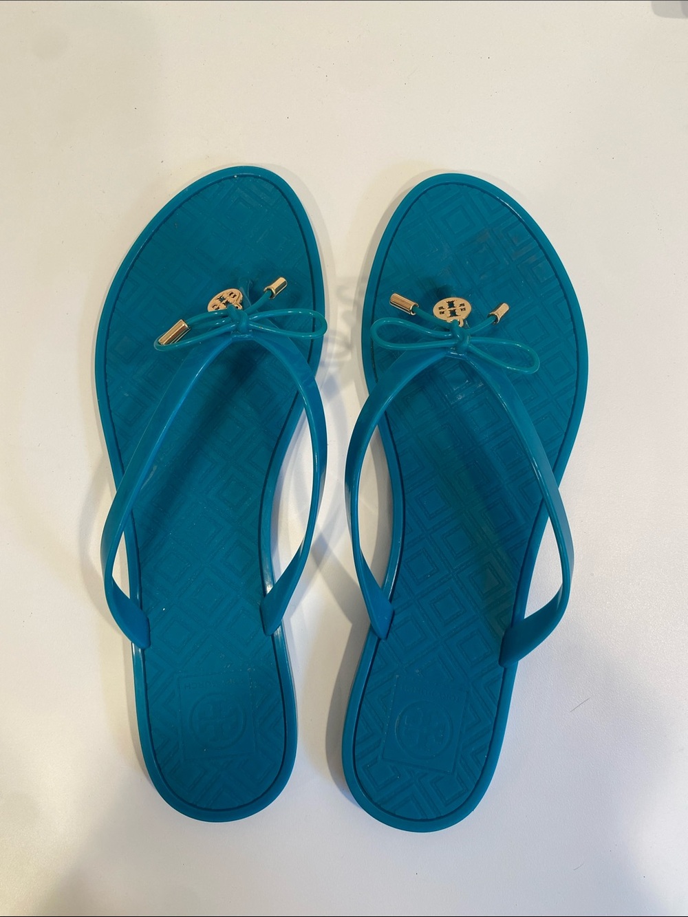 Tory Burch Teal Jelly Bow Flip Flop Sandals with Gold Logo